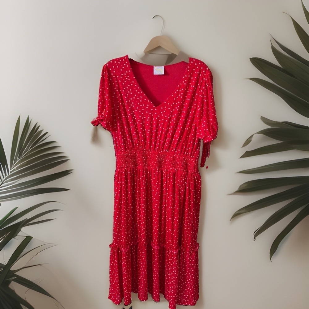 Sirenlily Red Floral Star Print V-Neck Smocked Waist Tiered Midi Dress Womens M